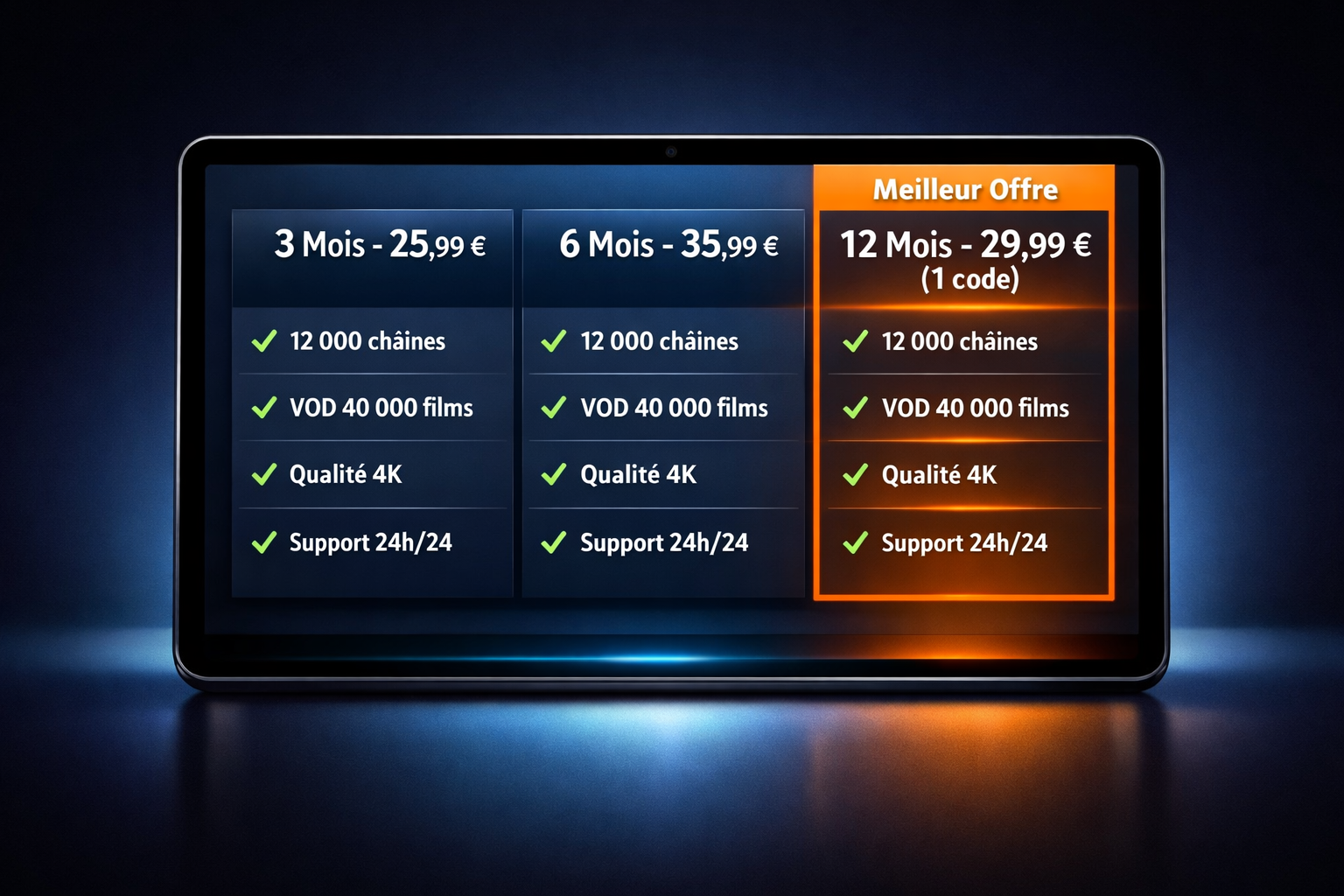 () pricing comparison table visualization displayed on a glowing tablet screen against a dark background. Shows three