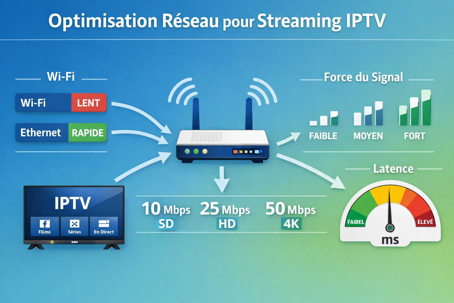 () network optimization diagram titled 'Optimisation Réseau pour Streaming IPTV' featuring a central router icon connected