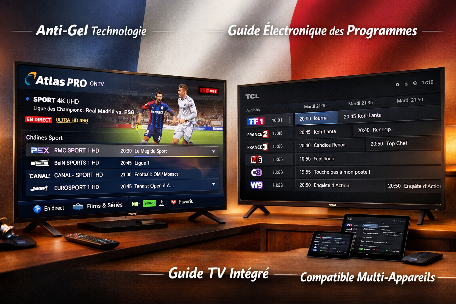 () split-screen composition showing on the left a Samsung Smart TV with Atlas Pro ONTV interface displaying live sports in