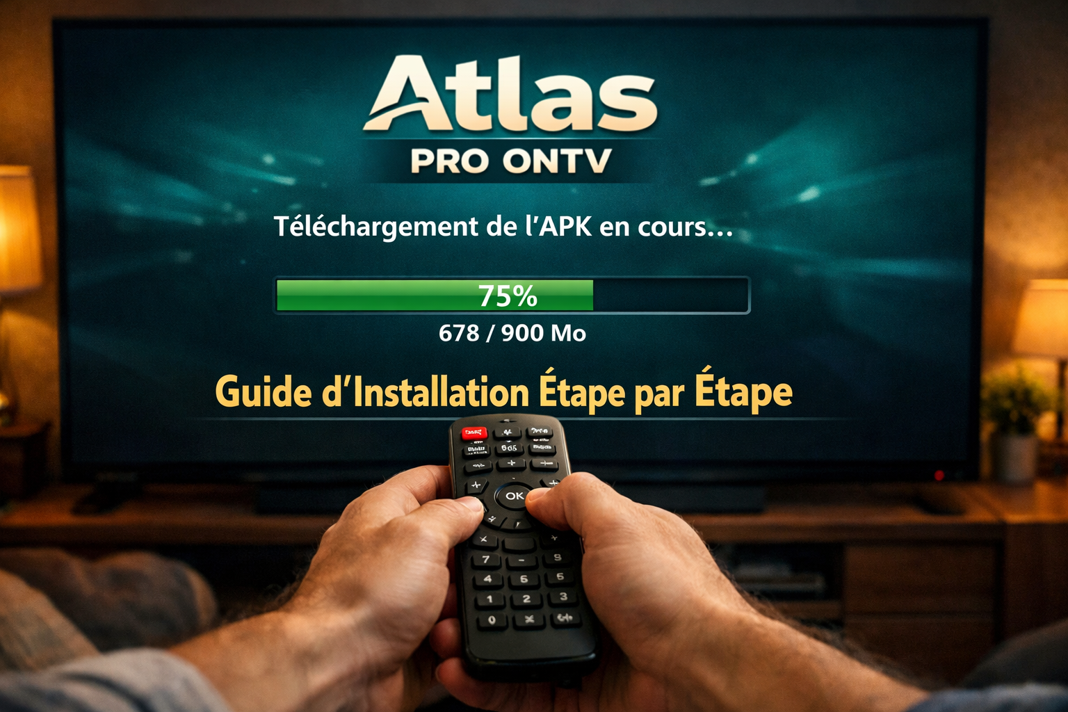 Detailed () showing a close-up overhead shot of human hands holding a TV remote control pointed at a large screen displaying