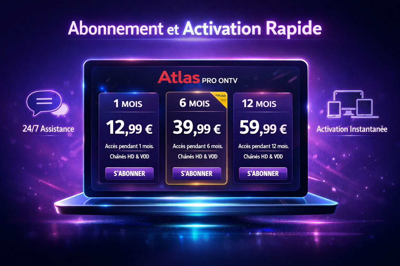 Detailed () showing a stylized digital dashboard with Atlas Pro ONTV subscription pricing cards displayed on a floating