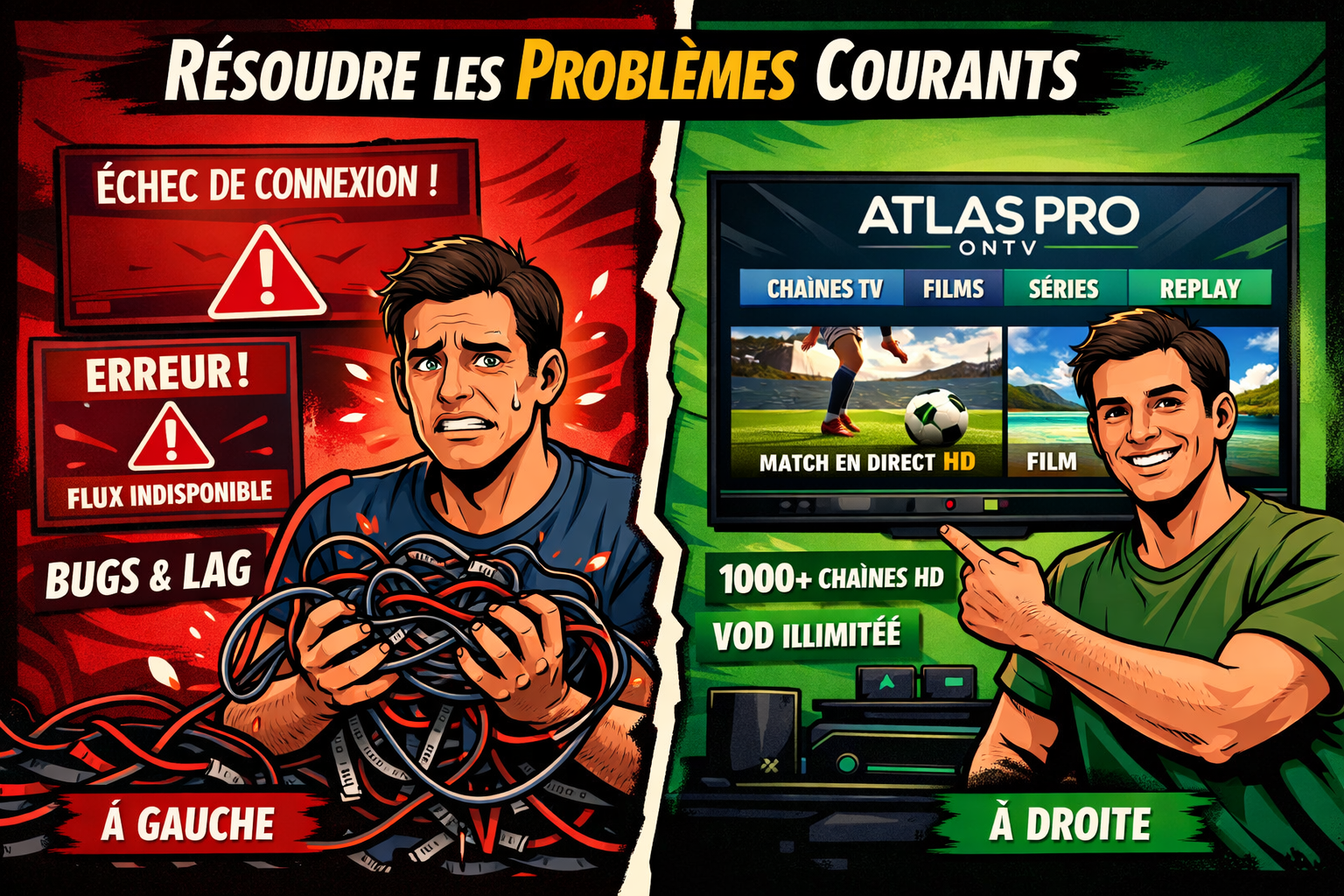 Detailed () split-screen comparison illustration showing left side: a confused user with a tangled mess of cables and error