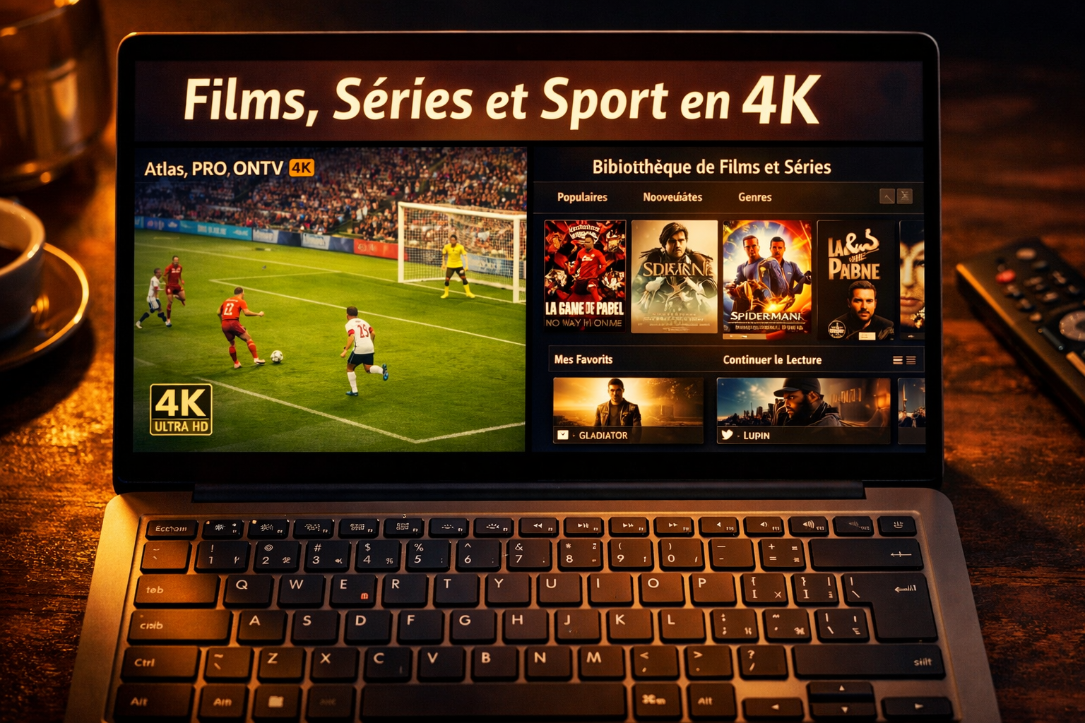 () close-up overhead shot of a modern Windows laptop keyboard with a split-screen display showing Atlas Pro ONTV streaming a