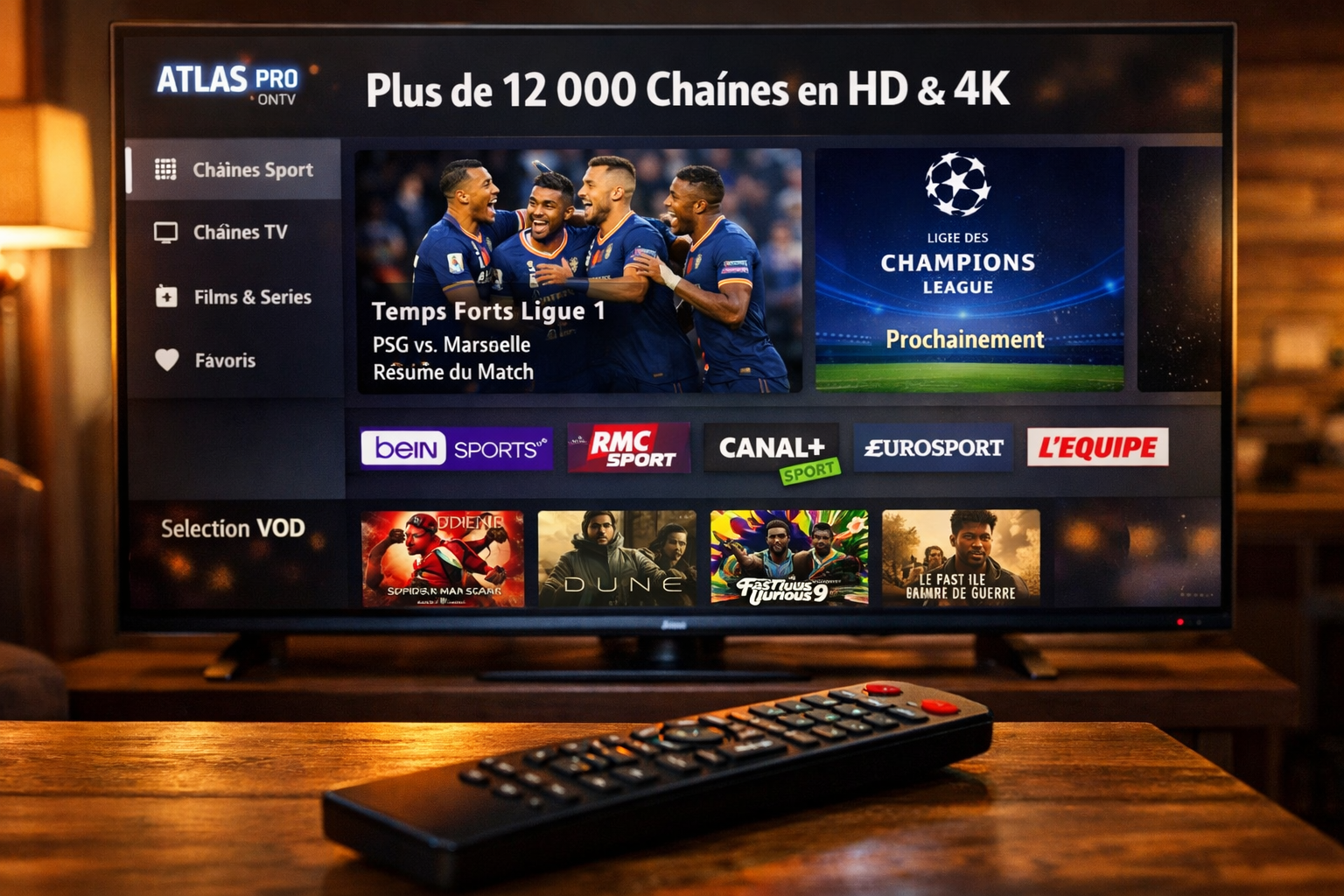 () close-up shot of a large 4K television screen displaying the Atlas Pro ONTV channel browser interface with French sports
