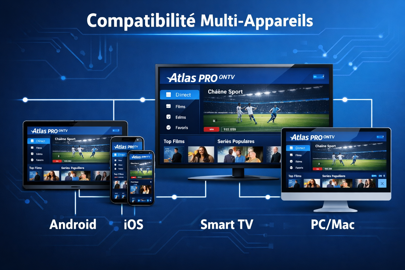 () detailed infographic-style illustration showing a smartphone, tablet, Smart TV, and PC all displaying the Atlas Pro ONTV