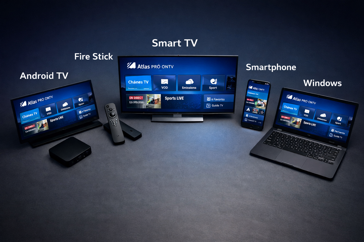 () flat-lay style image showing multiple compatible devices — Android TV box, Amazon Fire Stick, Samsung Smart TV,
