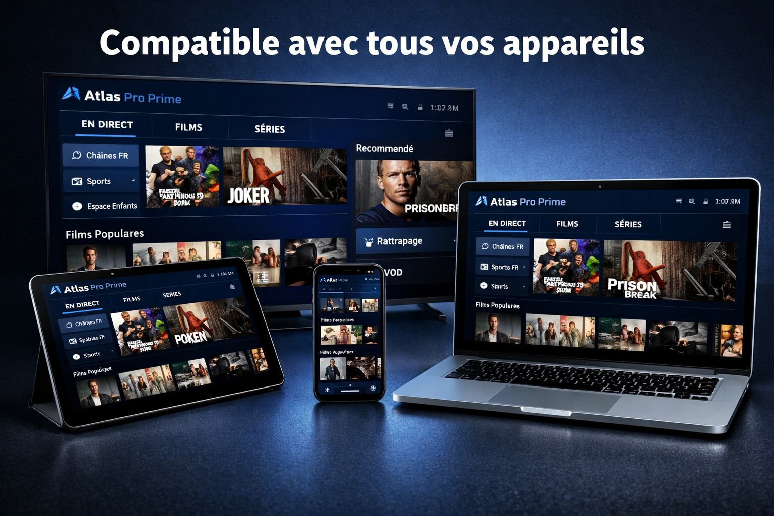 () flat-lay style image showing multiple devices — a Smart TV, Android tablet, iPhone, and laptop — all displaying the Atlas