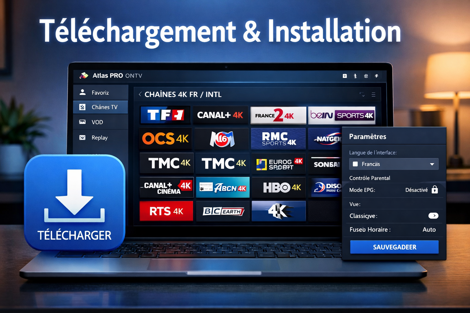() illustration showing a Windows 11 laptop screen with the Atlas Pro ONTV application open, displaying a grid of 4K French