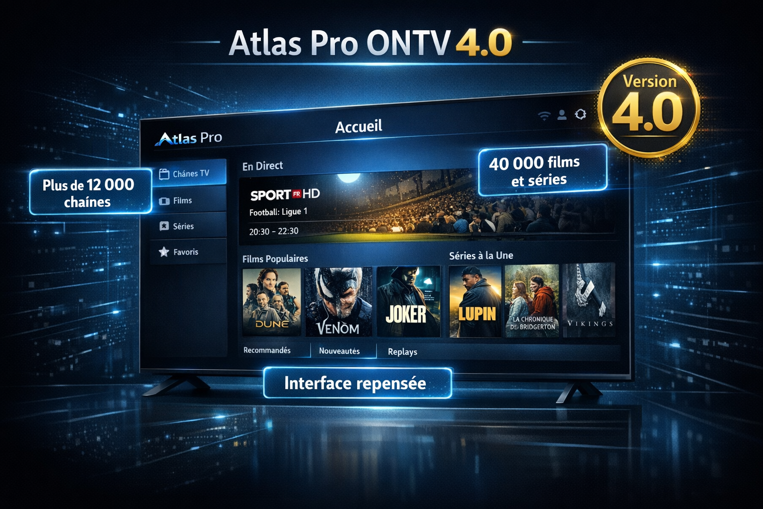 () infographic-style illustration showing Atlas Pro ONTV 4.0 interface redesign on a modern smart TV screen, with callout
