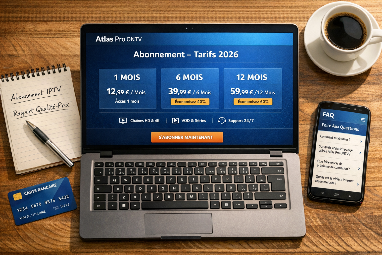 () overhead flat-lay composition showing a laptop displaying the Atlas Pro ONTV pricing and subscription page in French