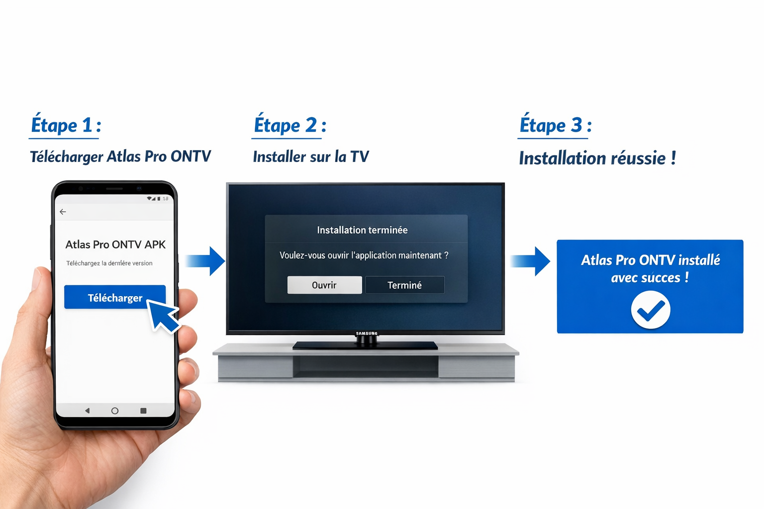 () step-by-step installation guide visual showing a split-screen composition: left side displays an Android smartphone with