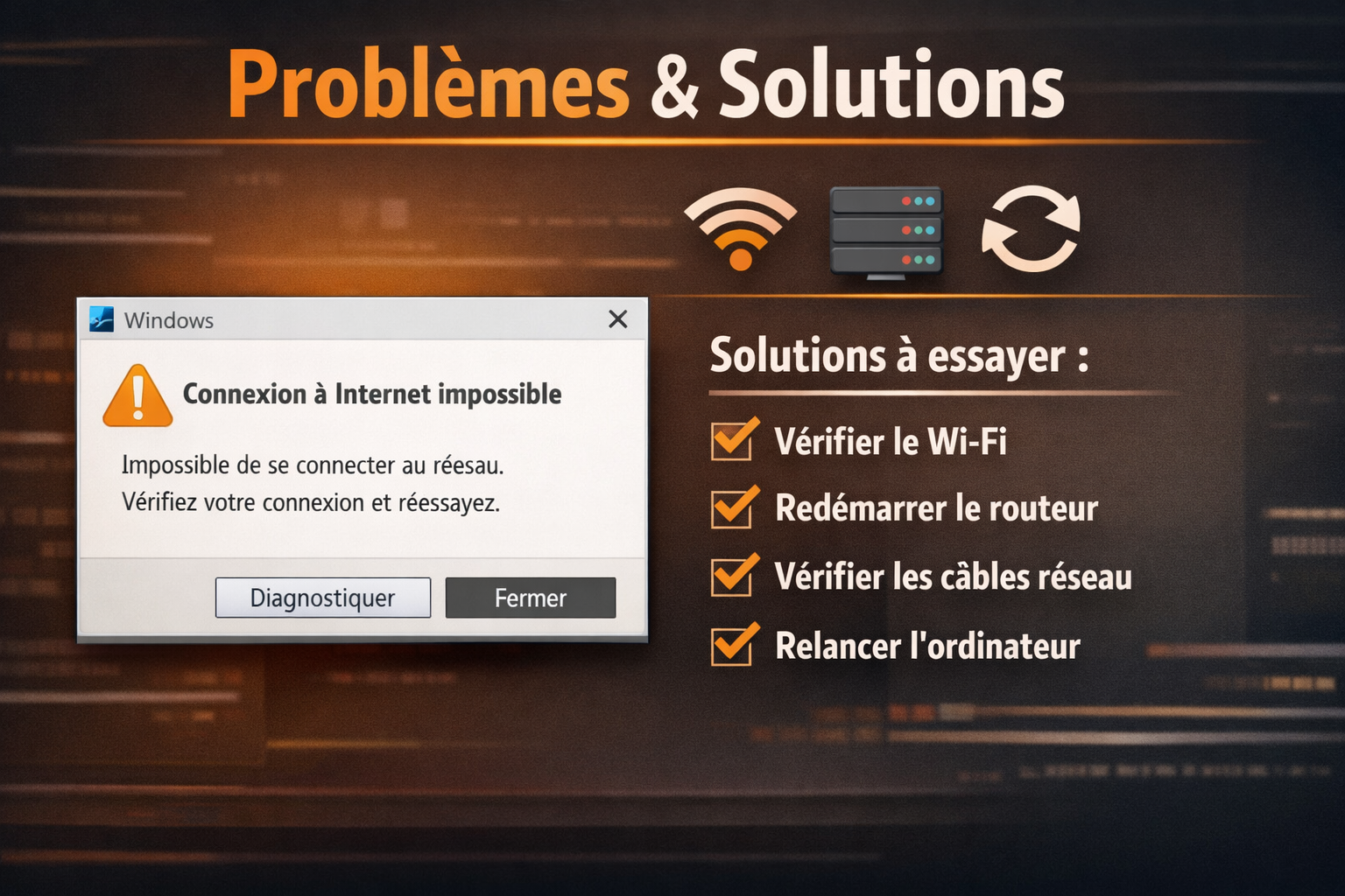 () troubleshooting concept image showing a Windows screen with a French error message dialog box and a checklist of