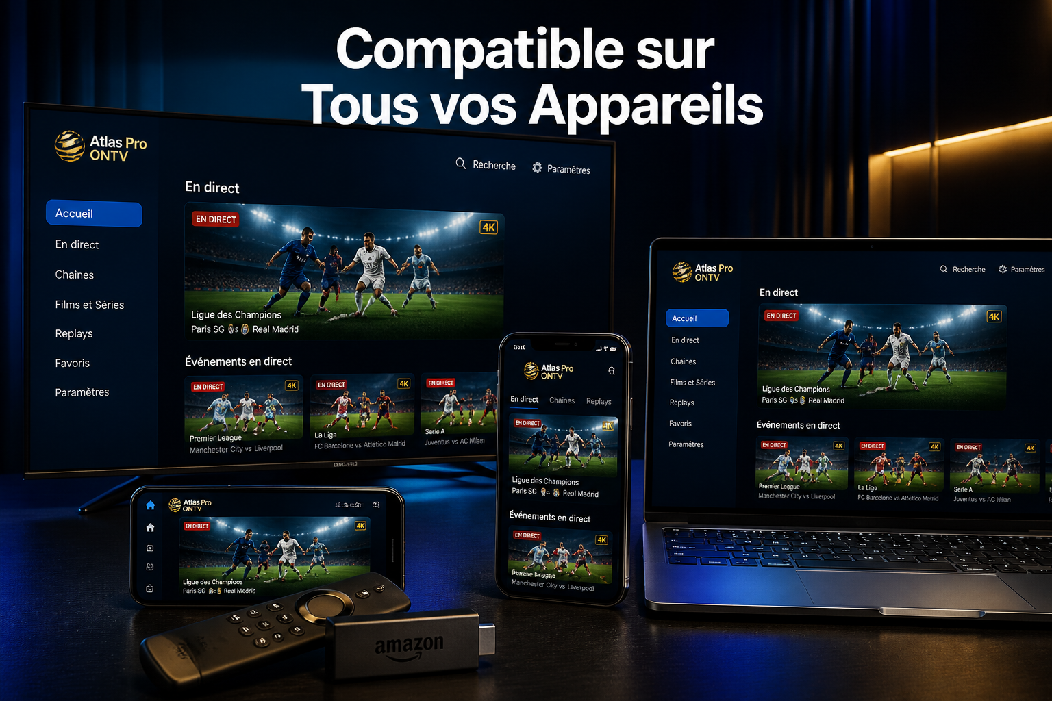 Close-up () of multiple compatible devices arranged on a sleek dark surface: Samsung Smart TV, Android smartphone, Apple