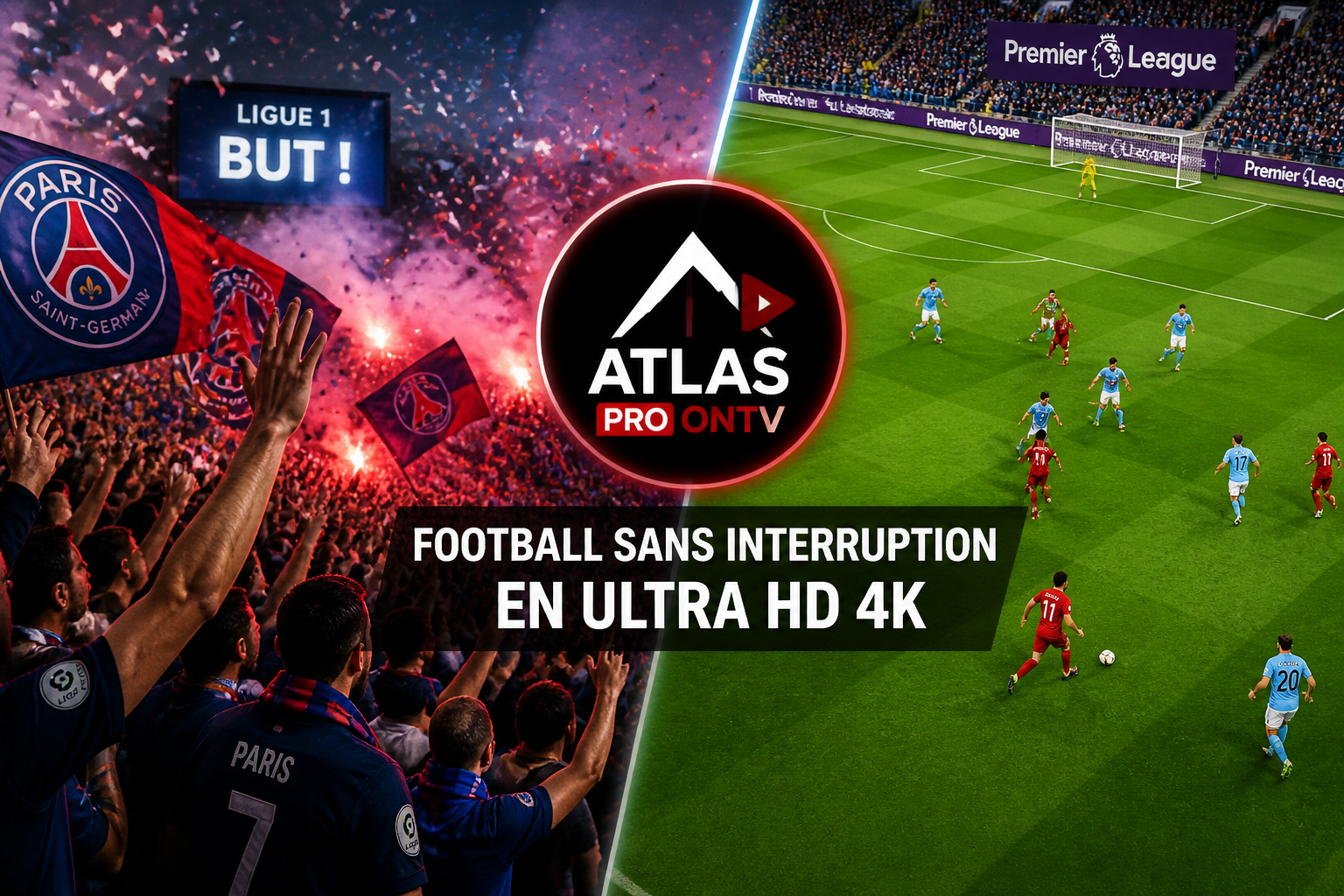 Dynamic () showing a split composition: left side features a stadium crowd celebrating a goal with confetti and flares