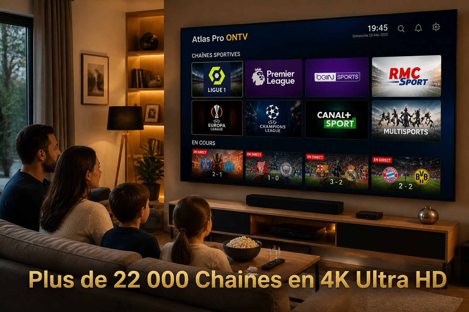 Wide-angle () showing a modern French living room with a large 4K OLED television displaying the Atlas Pro ONTV interface
